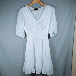 J. Gee White Smocked Tiered Mini Dress V-Neck Puff Sleeve Boho Womens Size PM